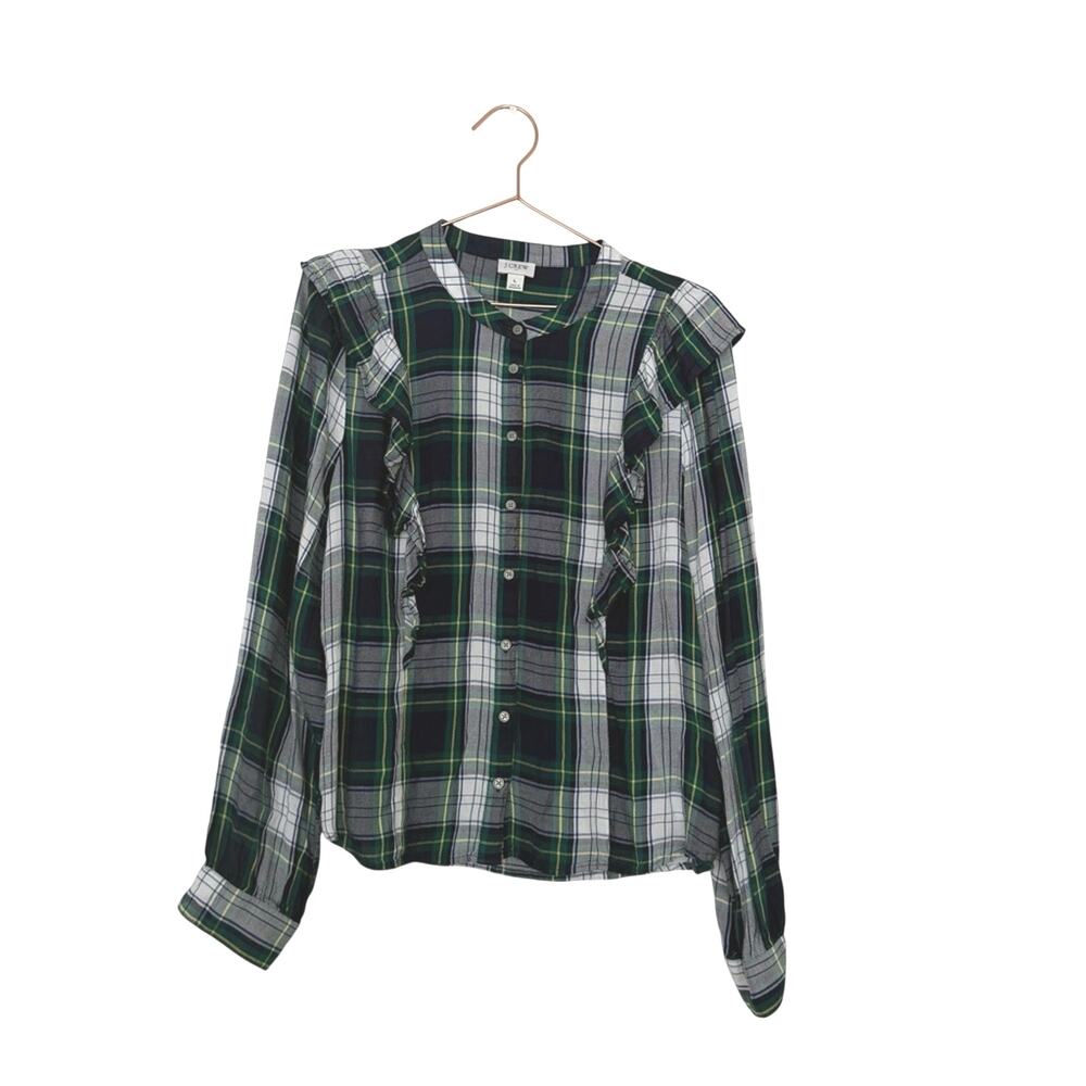 J crew factory Green and Blue Plaid Shirt with Ruffles